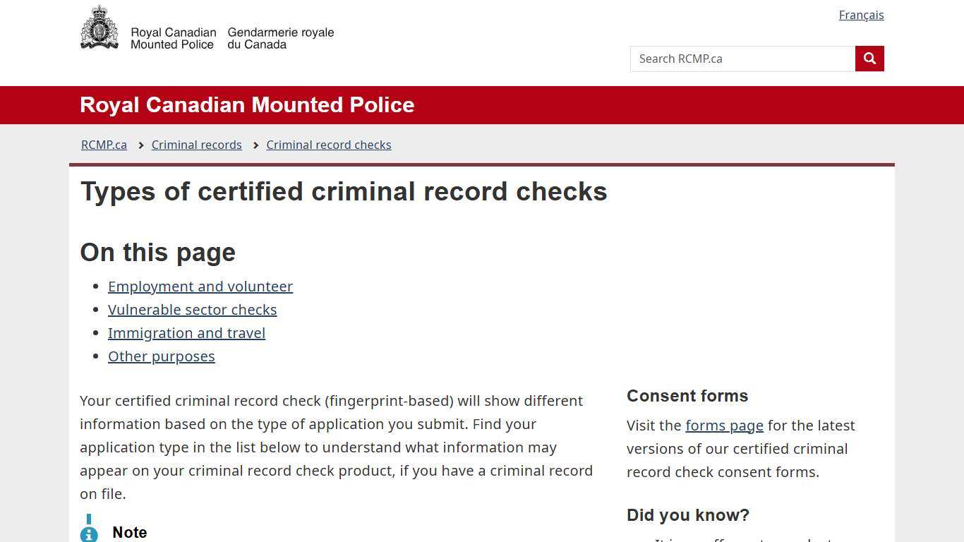 Types of certified criminal record checks | Royal Canadian Mounted Police
